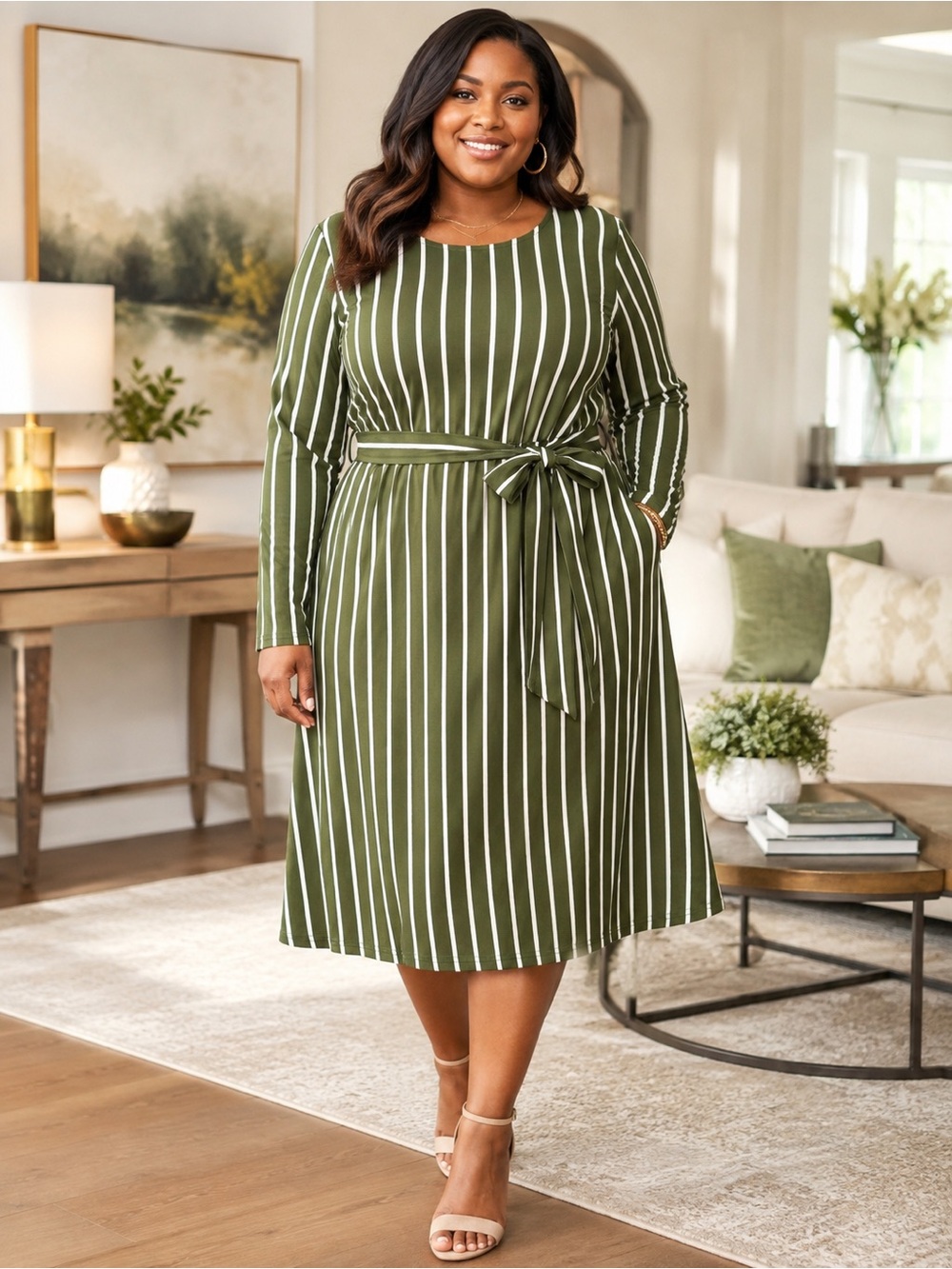 NWT 𝙇𝙚𝙫𝙖𝙘𝙖 Women's Dress Olive Green Striped Long-Sleeve Tie-Waist XL